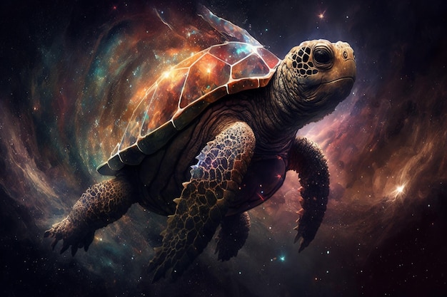 Eine Schildkröte mit einem Galaxienhintergrund