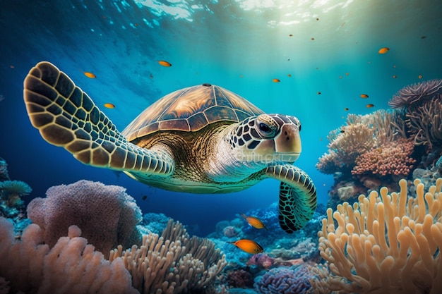 Eine Schildkröte schwimmt mit Fischen im Meer