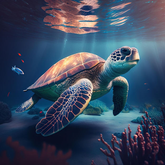 Eine Schildkröte schwimmt unter Wasser, im Hintergrund ein Fisch.