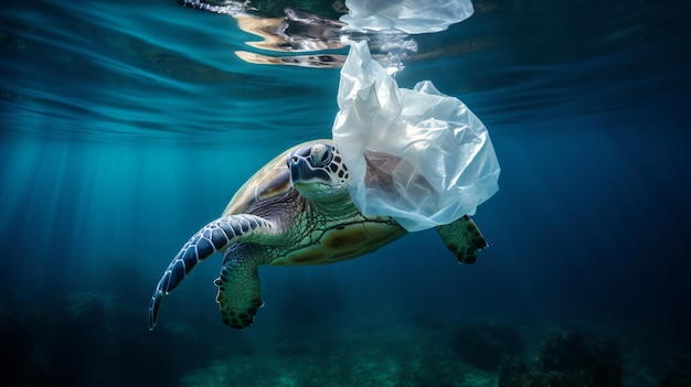 eine Schildkröte schwimmt unter Wasser mit einem Plastikbeutel