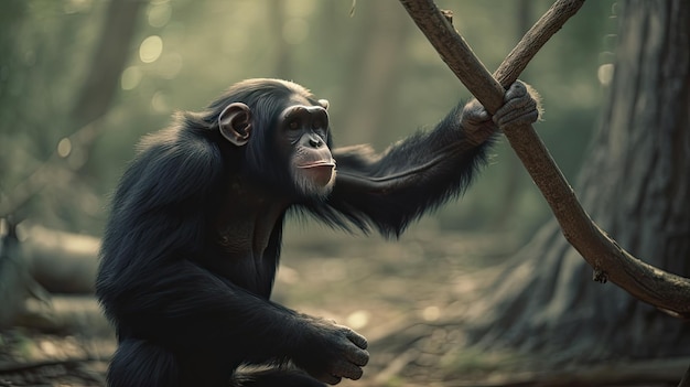Eine Schimpansen-Illustration hängt an einem Baumzweig im Wald