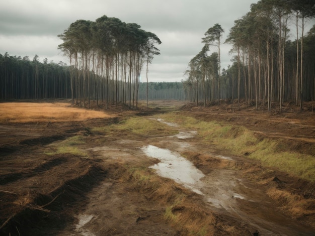 eine schlammige Straße mit einem Wald im Hintergrund und einer Wasserpfütze im Vordergrund