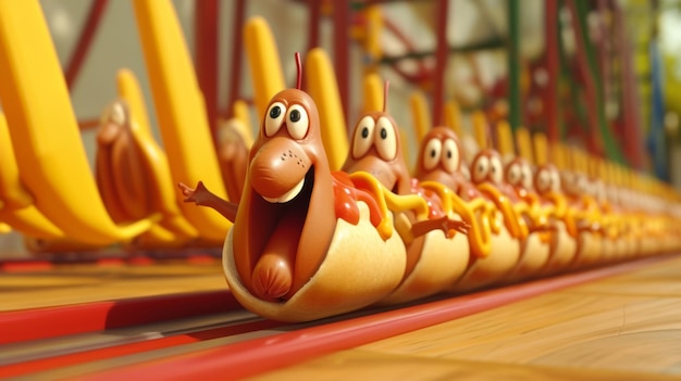 Eine Schlange ängstlicher Hotdogs, die in einer Schlange für eine Achterbahnfahrt warten, mit einem tapferen Hotdog, der steht