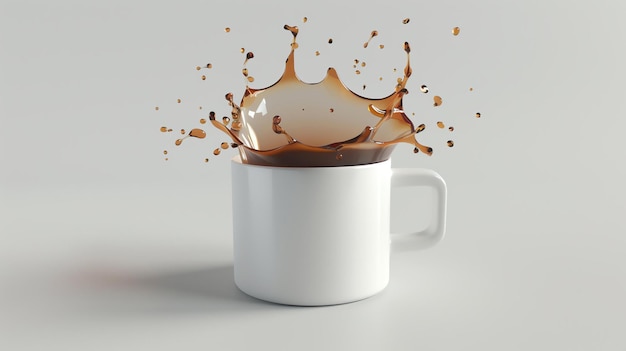 Eine schlanke 3D-renderte Kaffeetasse mit einem Ausbruch von Flüssigkeitsbewegung, die ein fesselndes Splash-Symbol erzeugt Dieses auffällige Bild ist perfekt für Grafikdesign-Werbung oder jedes Projekt, das