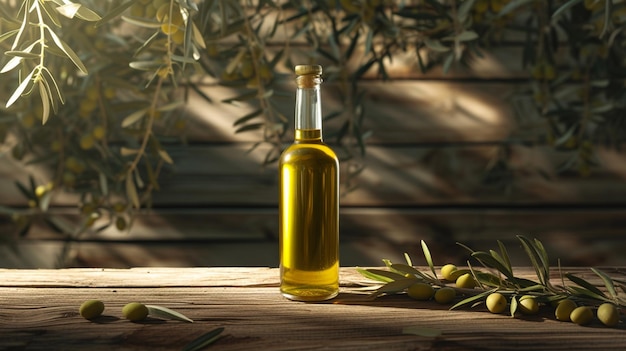 Eine schlanke Flasche Olivenöl, seine reiche goldene Flüssigkeit, die im weichen Licht vor einem Hintergrund aus Olivenzweigen auf einem rustikalen Holztisch leuchtet