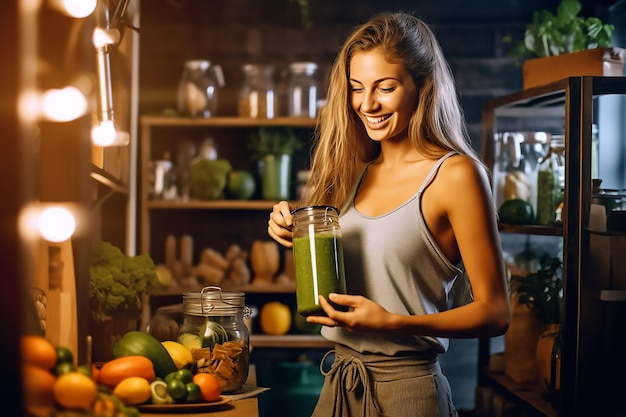 Eine schlanke Frau bereitet in der Speisekammer einen Smoothie zu