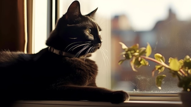 Eine schlanke schwarze Katze, die sich auf einer von der KI generierten Fensterbank putzt