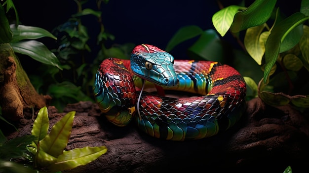 Eine schlanke und iridescente Schlange, die durch einen dichten Dschungel schlängelt