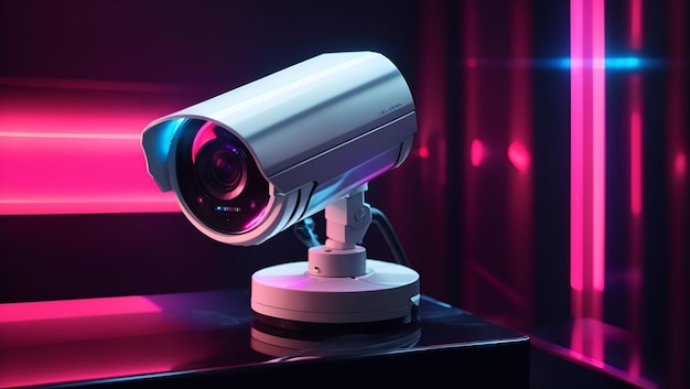 Eine schlanke weiße Überwachungskamera, die auf einer glänzenden, von einem lebendigen Neonlicht beleuchteten Kamera angebracht ist