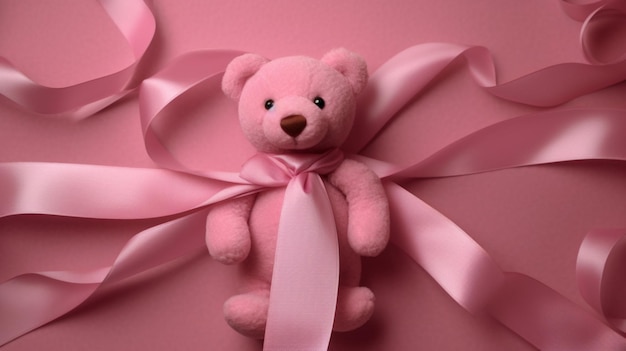 Eine Schleife mit rosa Band, die um einen Teddybären gebunden ist