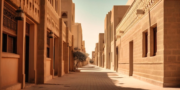 Eine schmale, von Gebäuden gesäumte Gasse in einer Wüstenlandschaft