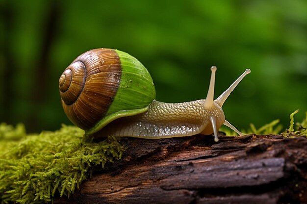 eine Schnecke, die auf einem moosbedeckten Baumstamm sitzt