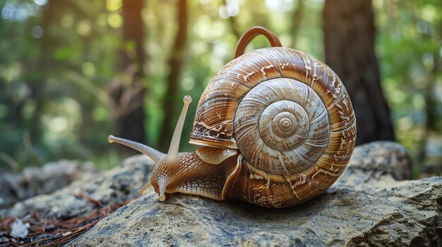 Foto eine schnecke mit einer braunen schale sitzt auf einem felsen im wald. die schnecke bewegt sich langsam nach links im bild.