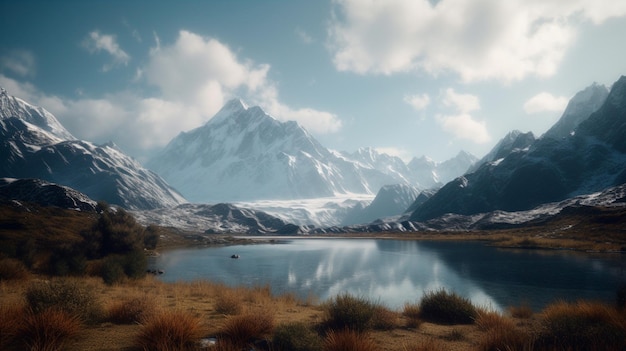 Eine schneebedeckte Bergkette mit einem See, umgeben von schneebedeckten Bergen im Vordergrund und einem bewölkten Himmel im Hintergrund. Generative KI