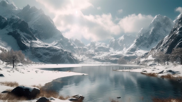 Eine schneebedeckte Bergkette mit einem See, umgeben von schneebedeckten Bergen im Vordergrund und einem bewölkten Himmel im Hintergrund. Generative KI