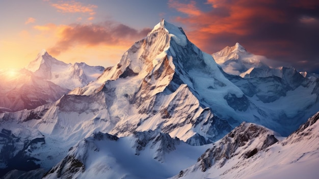 eine schneebedeckte Bergspitze mit Sonnenuntergang