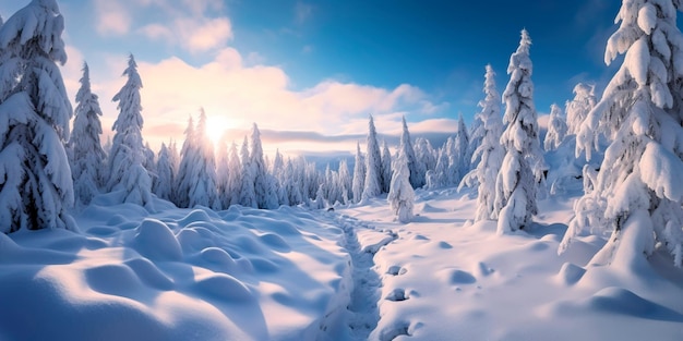 Eine schneebedeckte Landschaft, in der Bäume und Berggipfel mit einer flauschigen weißen Decke bedeckt sind
