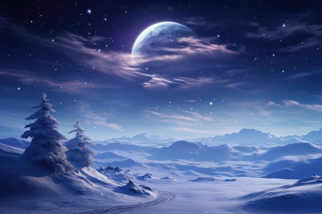 eine schneebedeckte Landschaft mit einem Vollmond am Himmel