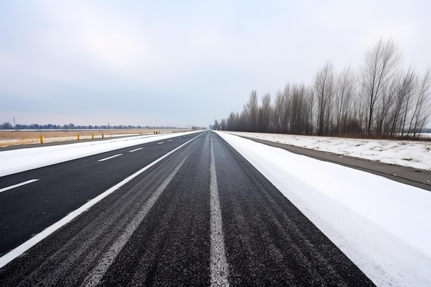 Eine schneebedeckte Straße und eine Straße mit einem Schild mit der Aufschrift „Straße nach rechts“