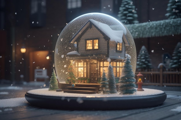 Eine Schneekugel mit einem Haus darin und einem Weihnachtsbaum darin.