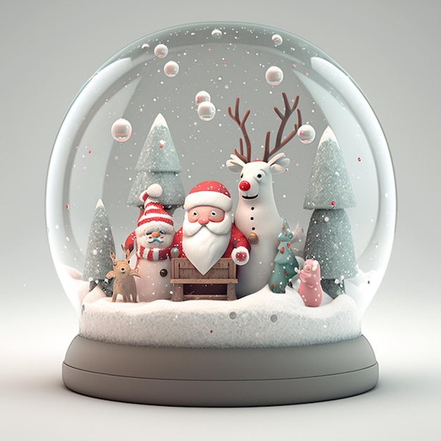 Eine Schneekugel mit Weihnachtsmann und Rentieren darauf