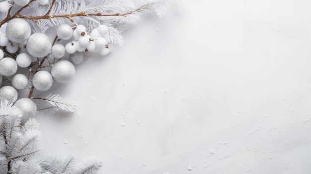 Foto eine schneeweiße flachfläche mit zarten weihnachtsbaumzweigen und schmuck, die von ki generiert wurde.