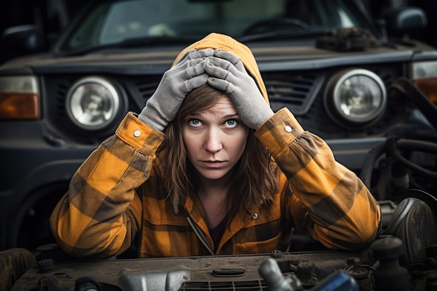 Foto eine schockierte, offensichtlich verärgerte dame steht neben ihrem fahrzeug mit offener motorhaube, überrascht von dem unerwarteten autoprobleme und sucht hilfe