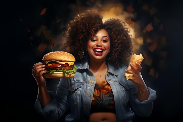 eine schöne afrikanische Dame mit einem leckeren Burger