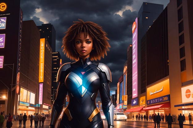 Eine schöne afroamerikanische Frau ist ein Superheld vor dem Hintergrund einer abendlichen Stadt an einem bewölkten Tag Generative KI