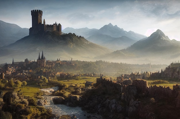 Eine schöne alte mittelalterliche Fantasiestadt des Tals und Konzeptkunst des Schlosses