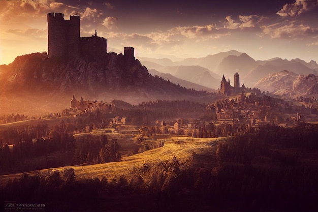 Eine schöne alte mittelalterliche Fantasiestadt des Tals und Konzeptkunst des Schlosses