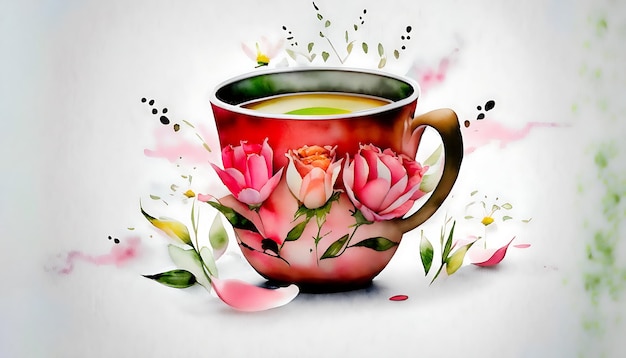 Eine schöne Aquarell-Tee-Tasse mit KI-generierten Blumen