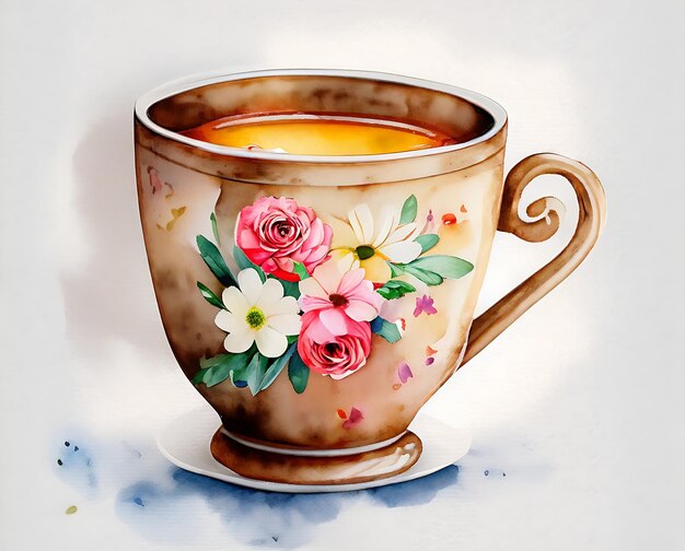 Eine schöne Aquarell-Tee-Tasse mit KI-generierten Blumen