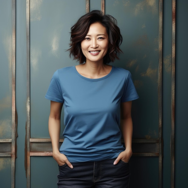 Eine schöne asiatische Frau trägt ein leeres T-Shirt für das Modell