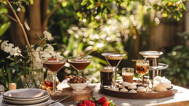 Eine schöne Ausbreitung von Desserts und Getränken auf einem Holztisch in einem üppigen Garten