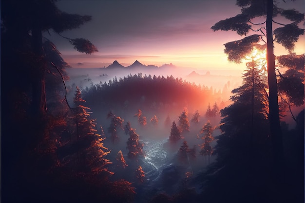 Eine schöne Aussicht auf die Berge und den Wald mit Sonnenuntergangshimmel AI