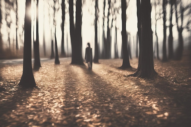 Eine schöne Aussicht auf eine Frau, die im Wald spaziert. Eine schöne Aussicht auf eine Frau, die im Wald spaziert