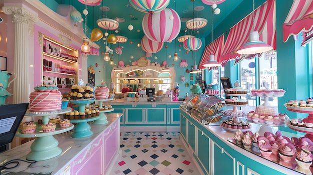 Eine schöne Bäckerei mit einem blau-rosa Thema