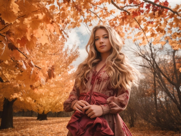 eine schöne blonde Frau, die mitten in einem Herbstwald steht