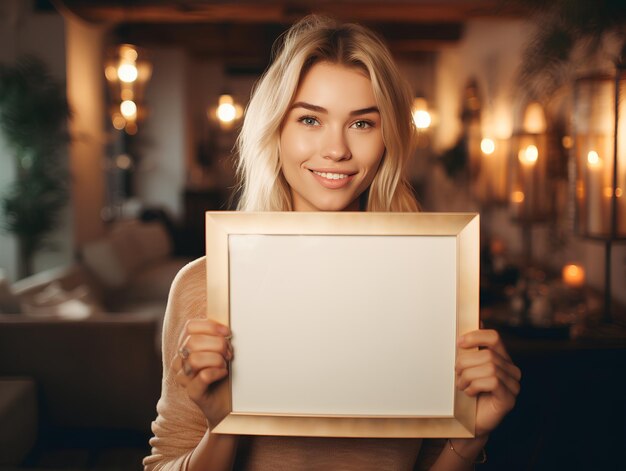 Eine schöne blonde Frau hält einen leeren Bildrahmen