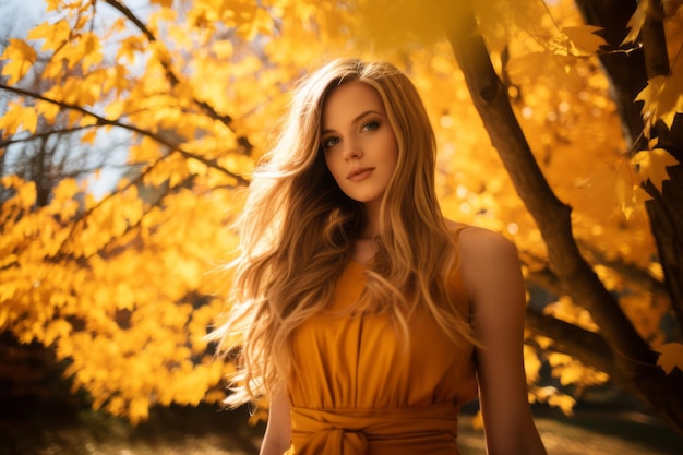 Eine schöne blonde Frau in einem gelben Kleid steht vor einem Baum mit gelben Blättern