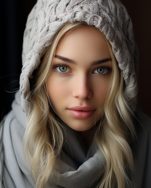 eine schöne blonde Frau mit Winterhut und Schal