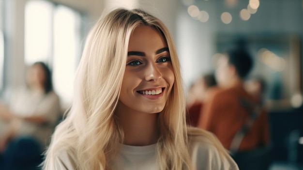 Eine schöne blonde Model sitzt auf dem Stuhl und spricht mit dem Friseur im Friseursalon, bekommt einen neuen Haarschnitt, färbt ihr Haar und stylt es