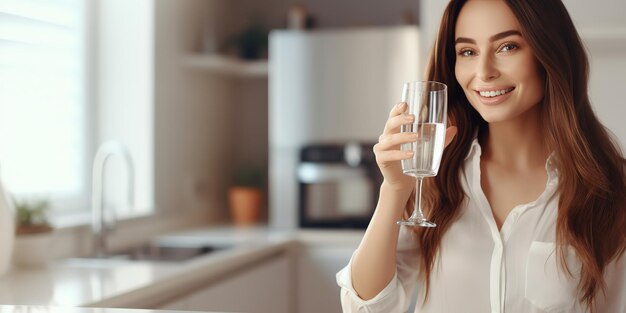 Eine schöne Brünette trinkt Mineralwasser aus einem Glas in der Küche