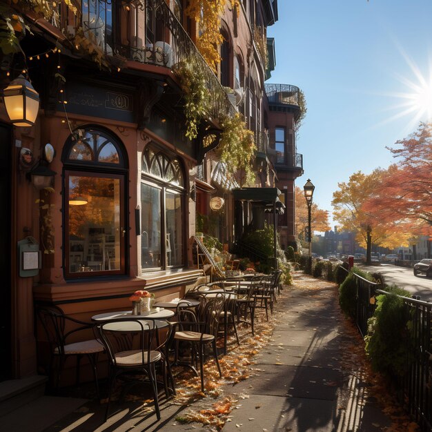 Eine schöne Café-Ecke der Boston Street im Pixar-Stil im Herbst. Blick von der gegenüberliegenden Seite