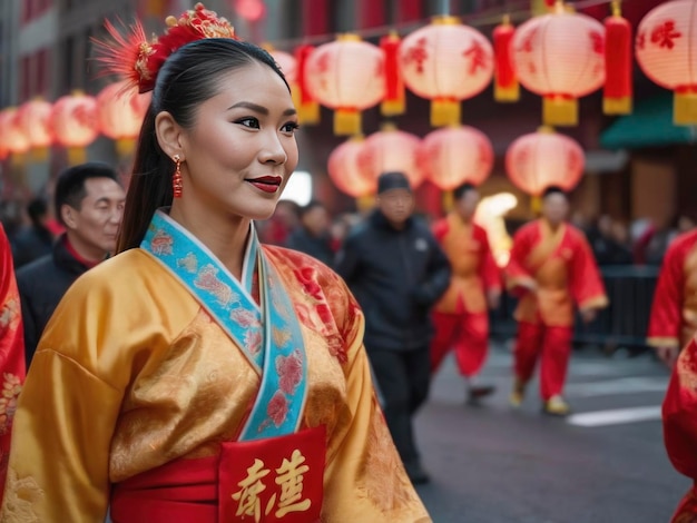 Eine schöne Chinesin, die im Profil lächelt und traditionelle goldene und rote Kleidung trägt. Er geht