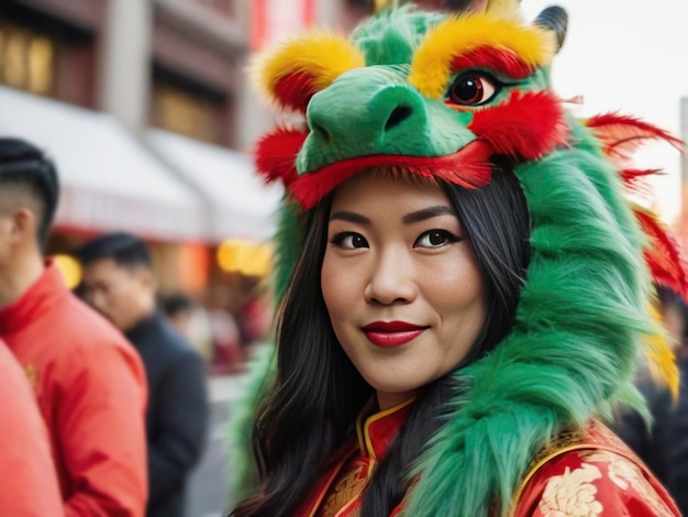 Eine schöne Chinesin lächelt in goldener und roter Kleidung gekleidet durch die Straßen der Stadt