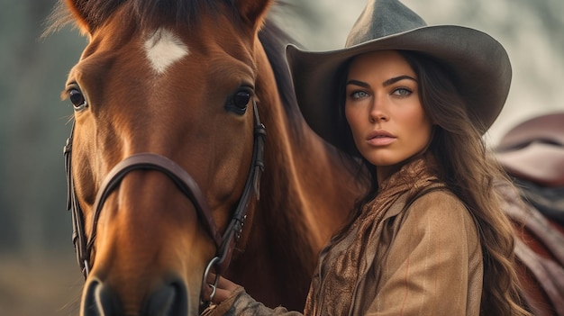 Eine schöne Cowboy-Frau posiert vor ihrem Pferd. KI-generiertes Bild