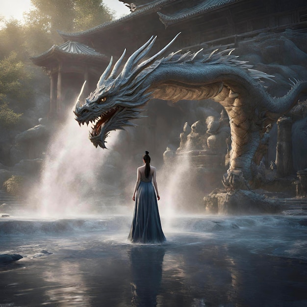 Eine schöne Dame steht vor einem Drachen mit fließendem Wasser im Gongbi-Stil