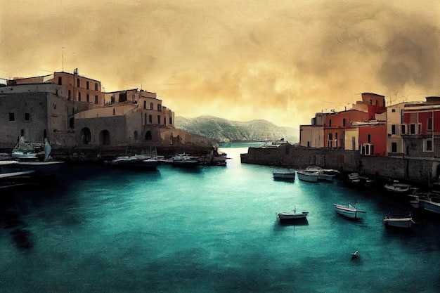 Eine schöne digitale Grafik des kleinen Hafens von Aci Trezza Sizilien Italien Digital-Kunstart-Illustrationsmalerei